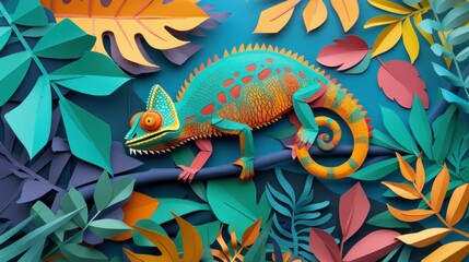Colorful lizard on branch in jungle tropical wildlife artwork for travel and nature enthusiasts