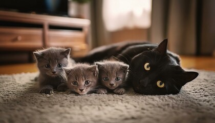 Mother cat with her kittens laying on the carpet in the living room