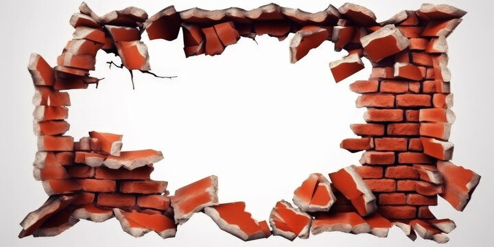 Broken red brick wall with a large hole in the center, showcasing rough and jagged edges, perfect for concepts of demolition, construction, and breakthrough.
