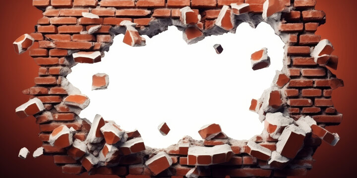 Broken red brick wall with a large hole in the center, showcasing rough and jagged edges, perfect for concepts of demolition, construction, and breakthrough.
