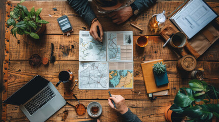 A top view of a planning session on a wooden table with maps, laptop, and travel accessories, suggesting adventure preparation.