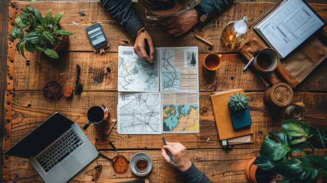 A top view of a planning session on a wooden table with maps, laptop, and travel accessories, suggesting adventure preparation.