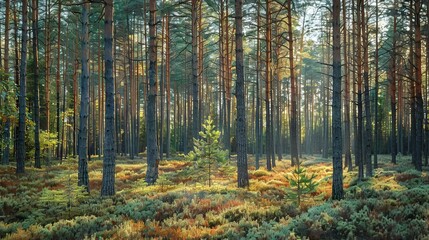 Obraz premium Realistic photography of coniferous forest. Abstract background of a northern forest