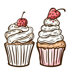 cupcake and yogurt in doodle style vector, isolated white background