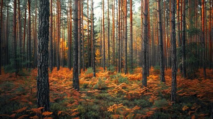Fototapeta premium Realistic photography of coniferous forest. Abstract background of a northern forest