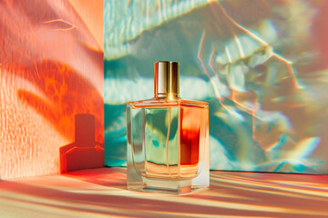 Blank perfume bottle in a sunlight with shadows and reflections on the wall