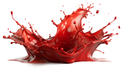 Fiery Red Splash – Dramatic Burst: An intense red liquid splash effect bursting outward, perfect for bold and dramatic designs, isolated on a white background.
