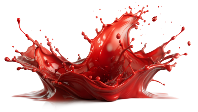 Fiery Red Splash – Dramatic Burst: An intense red liquid splash effect bursting outward, perfect for bold and dramatic designs, isolated on a white background.
