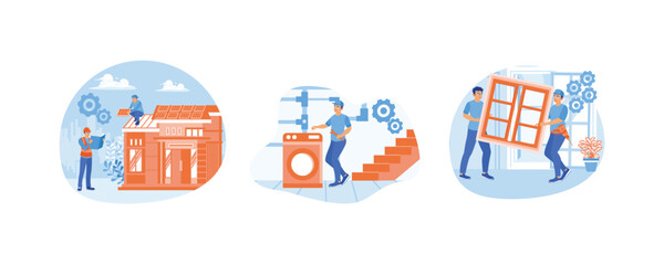 Home maintenance. Basement services. Carpenter replaces and installs house windows. Set flat vector illustration.