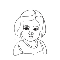 Baby cute girl continuous line art. Children's small girl elegant one-line art style. Modern minimalist outline artwork.