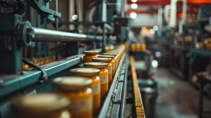 Fototapeta premium Blurred image of an assembly line in a modern food factory, focusing on jars being processed and packaged.