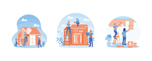 Electrical installation, painting, home finishing work. Foreman and workers repair the roof of a house. Home renovation concept. Set flat vector illustration. © berkah design