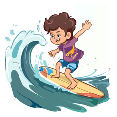 Cute Boy Surfing on Ocean Waves Illustration