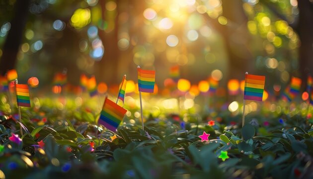 Vibrant LGBTQ pride flags in a sunlit forest, symbolizing diversity and unity amidst nature's calm setting.