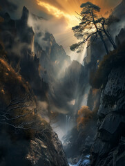 Fototapeta premium mountain landscape with sunset, fantasy nature view. Wall Art Poster Print Design for Home Decor, Decoration Artwork, High Resolution Wallpaper and Background for Computer, Smartphone, Cellphone