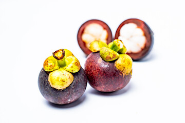 Mangosteen fruit isolated on white background. Mangosteen is known as a fruit that has very high levels of antioxidants. Garcinia mangostana
