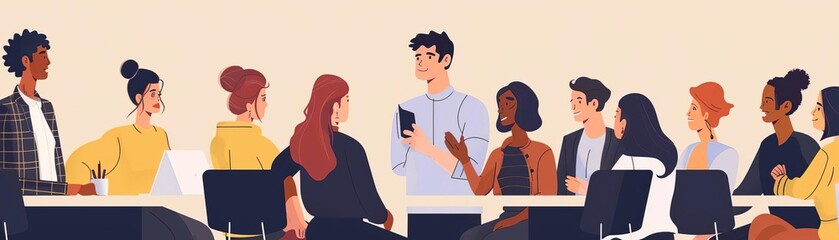Obraz premium Collection of scenes at office Bundle of men and women taking part in business meeting, negotiation, brainstorming, talking to each other Colorful vector illustration in flat cartoon style, closeup, f