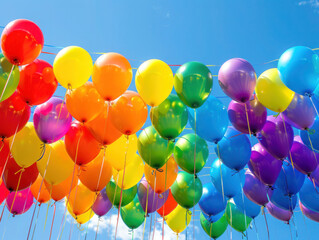 Colorful balloons soar through blue skies in a vibrant celebration scene