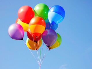 Rainbow-colored balloons floating against a clear blue sky at a pride festival, symbolizing LGBTQ community celebration
