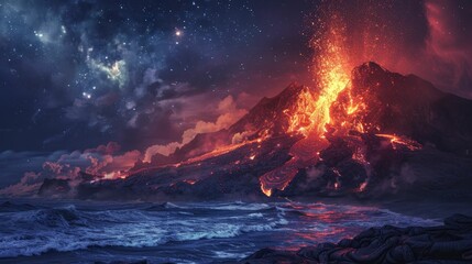 Volcano erupts under starlit sky by the ocean