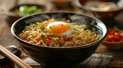 A bowl of ramen topped with a soft boiled egg