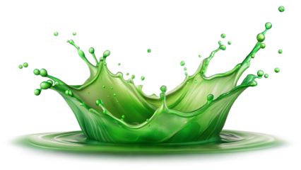 Cool Green Splash – Fresh Impact: A refreshing green liquid splash impact, conveying a fresh and lively feel, isolated on a white transparent background.
