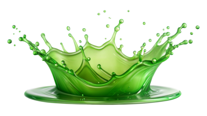 Cool Green Splash – Fresh Impact: A refreshing green liquid splash impact, conveying a fresh and lively feel, isolated on a white transparent background.
