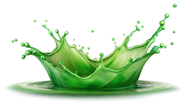 Cool Green Splash – Fresh Impact: A refreshing green liquid splash impact, conveying a fresh and lively feel, isolated on a white transparent background.
