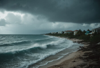 Huge waves crash against the rocks during a storm or tsunami. Mountainous terrain, coastal residential development. Natural disasters. Banner, poster, background, brochure, wallpaper. With space for t