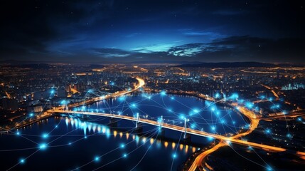 Obraz premium City with digital web, network connections, night, global communication concept