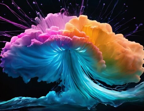 Abstract dry colors forming a pattern like mushroom cloud flower, blue neon pink yellow orange purple dry color powder splash on black background Generative AI