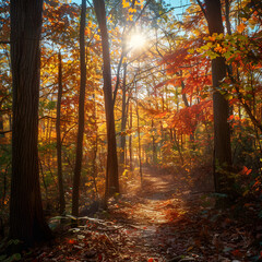 Autumn Forest: A Serene Pathway Through Vibrant Trees Bathed in Golden Sunlight, Capturing the Beauty of Nature in Fall
