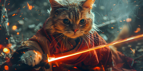 Fantasy Cat Character in Outfit and Glowing Sword Adventure Scene, Cat in Fashionable Attire