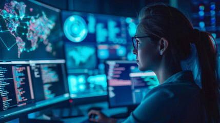 A focused female technician in glasses monitors data from multiple screens in a high-tech control room. - Powered by Adobe