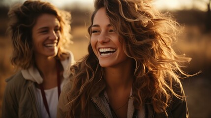 Fototapeta premium Happy lesbian couple in love, girlfriends walking in nature