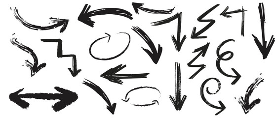 grunge arrow . Set of black hand drawn grunge doodle spiral and curved charcoal, chalk arrows on white background. Scribble symbols of direction pointers, swirl arrow elements for infographic design.