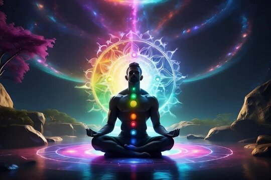 Silhouette of a person meditating, man with six-pack abs doing spiritual yoga chakras circle around body, topless man Kundalini powerful aura yoga meditation in nature space rocks water Generative AI