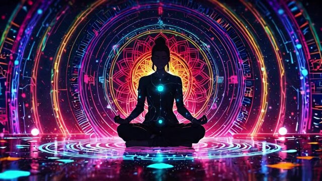 Yoga in the lotus position, illustration of woman meditation with colorful chakras around her, magical spiritual yoga on a shiny reflecting floor withe graffiti chakras Generative AI