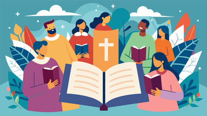 Bibles open to follow the lyrics the community coming together to celebrate their shared beliefs and devotion.. Vector illustration