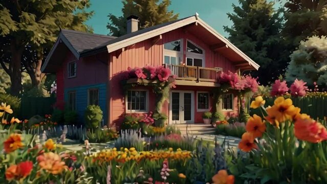 House in the garden, a beautiful wooden duplex house with garden full of flowers in the woods generative AI