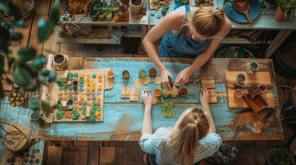Fototapeta premium A mother and daughter engaged in a colorful candle-making project, surrounded by various crafting supplies on a rustic table.