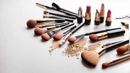 various makeup brushes, three lipsticks, and a makeup powder.