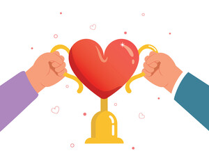 Hand holding a champion with shape of heart. Love, friendship, care and charity concept.