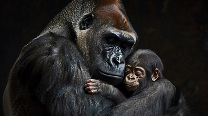 Obraz premium Snap a shot of a gorilla cradling its infant, the tenderness and protective nature of the moment evident in their bond