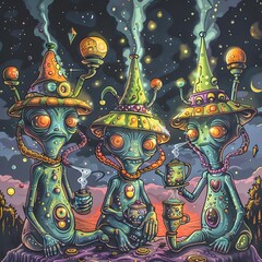 Alien Beings Grooving to the Rhythm of Space Beats Fueled by TeapotInfused Energy Drinks