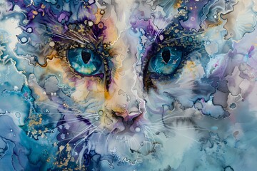 double exposure cat with colorful watercolor 