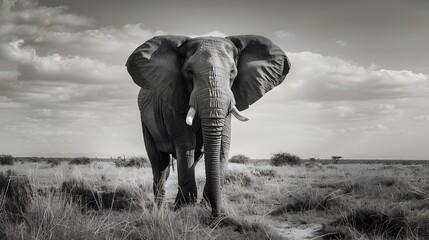 Naklejka premium Powerful Elephant Stands Alone in the Vast African Savanna Landscape description:This striking