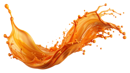 Rich Orange Splash – Dynamic Flow: A rich orange liquid splash effect flowing dynamically, suitable for energetic and vibrant compositions, isolated on a white background.
