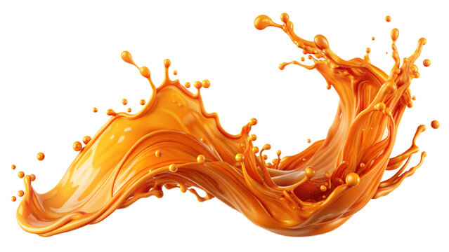 Rich Orange Splash – Dynamic Flow: A rich orange liquid splash effect flowing dynamically, suitable for energetic and vibrant compositions, isolated on a white background.
