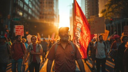 Protesters march through city streets at sunset, led by a man carrying a red flag, demonstrating unity and determination.